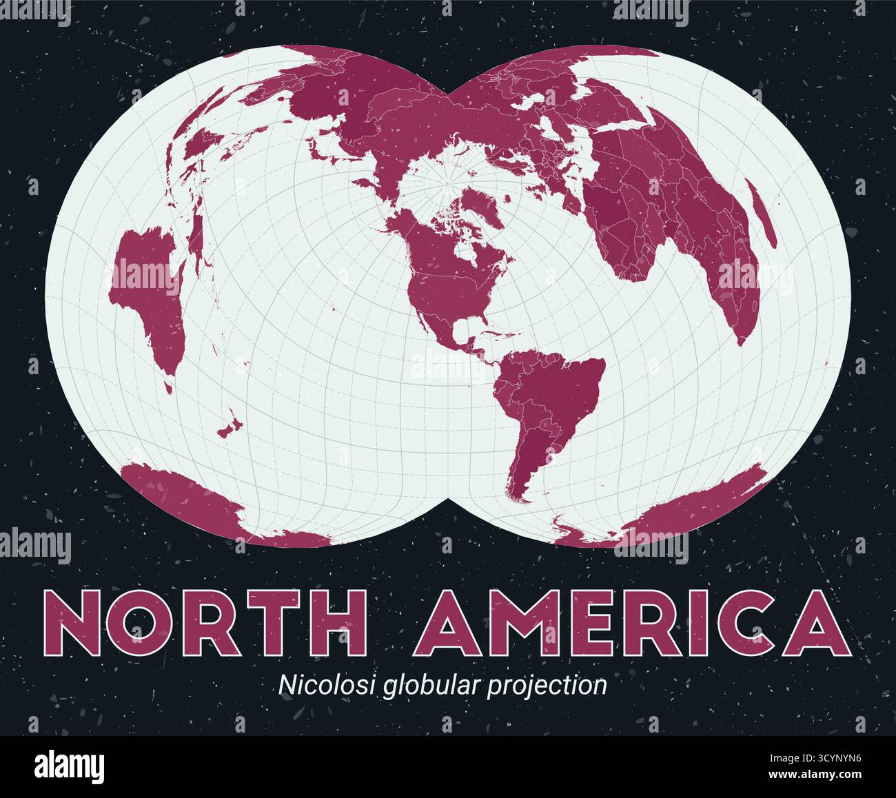 Nord America. Mappa del mondo. Proiezione globulare Nicolosi incentrata sul Nord America. Pallido Mint Dark Pink (Rosa scuro). Texture vintage. Illustrazione Vettoriale