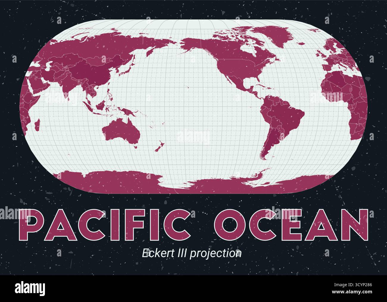 Oceano Pacifico. Mappa del mondo. Proiezione di Eckert III centrata sull'Oceano Pacifico. Pallido Mint Dark Pink (Rosa scuro). Texture vintage. Illustrazione vettoriale moderna. Illustrazione Vettoriale