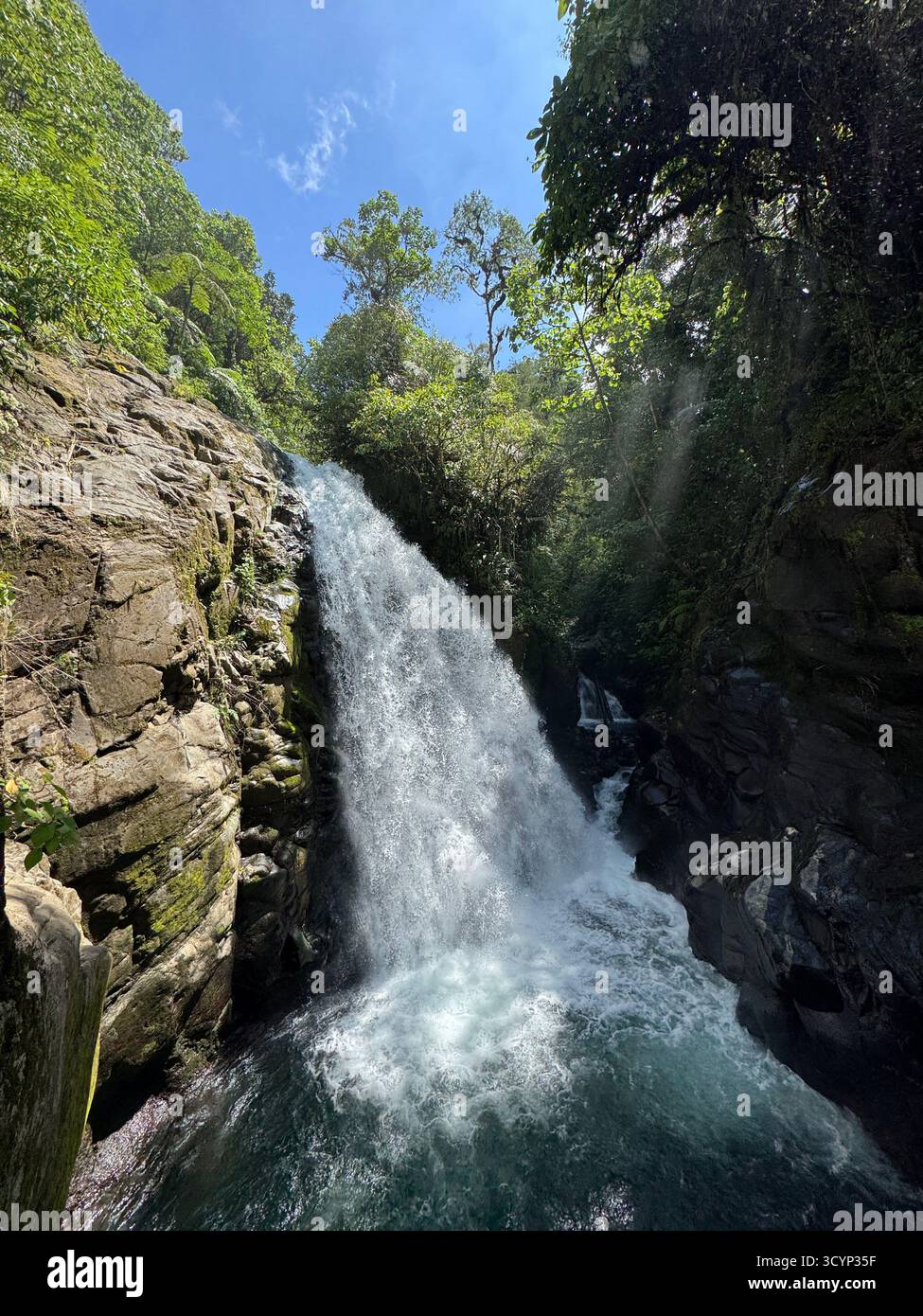 Potente cascata della giungla che si tuffa in una profonda piscina blu - Immagine stock catturata con smartphone