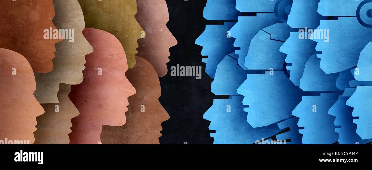 Robot e esseri umani come IA o intelligenza artificiale che si pongono come simbolo della tecnologia futura e dell'occupazione o della disoccupazione come automazione nella società Foto Stock