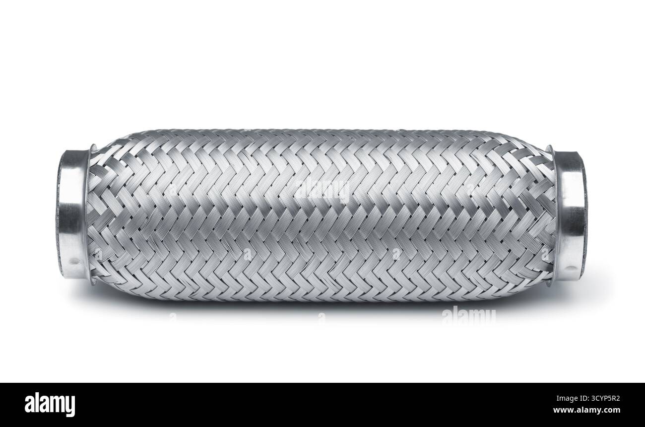 Vista laterale del tubo flessibile di scarico dell'auto isolato su bianco Foto Stock
