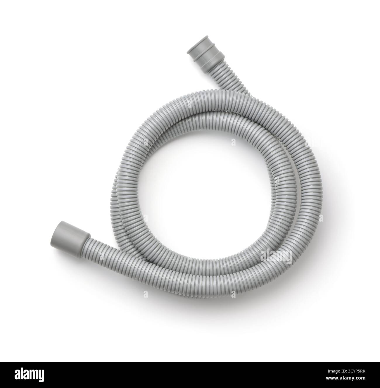 Vista dall'alto del tubo flessibile corrugato in plastica grigia isolato su bianco Foto Stock