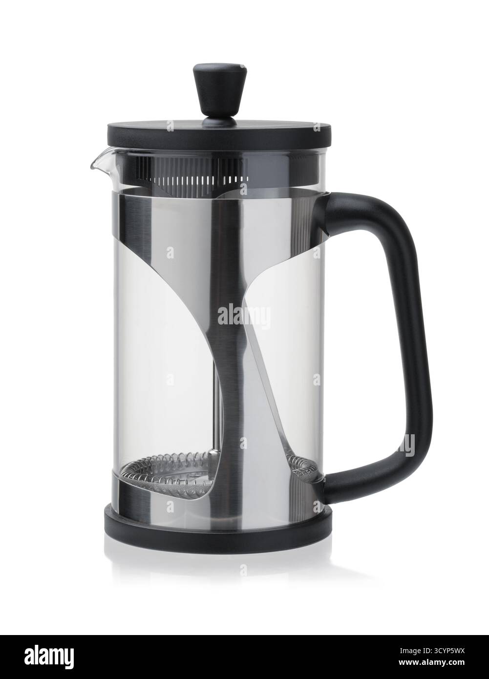 Vista laterale della caffettiera in vetro francese vuota isolata su bianco Foto Stock