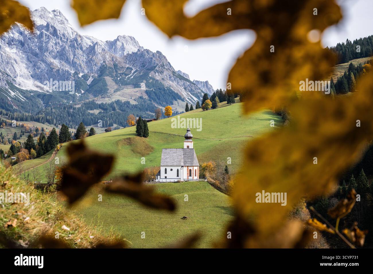 Pfarrkirche Dienten zum HL. Nikolaus im Pinzgau im Salzburger Land am Fuss des Hochkönigs im Herbst 19.10.2025. // Chiesa Parrocchiale di San Nicola a Pinzgau a Salisburgo ai piedi del Hochkönig in autunno 19 ottobre 2025 - 20251019 PD11909 credito: APA-PictureDesk/Alamy Live News Foto Stock