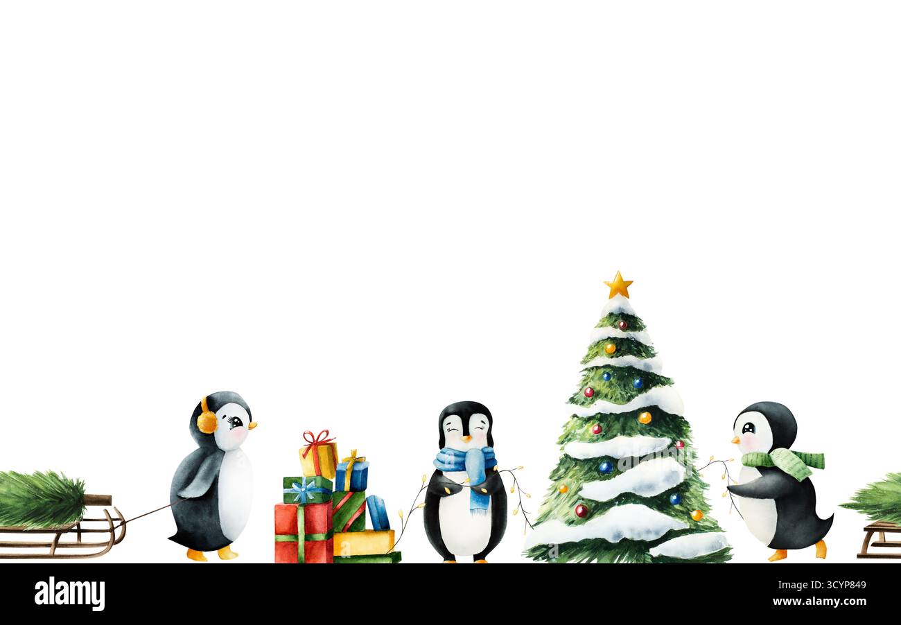 Bordo senza cuciture. Graziosi pinguini sorridenti che decorano l'albero di Natale e tirano la slitta invernale in legno con l'albero di pino. Ghirlanda con lanterne d'oro. Nord Foto Stock