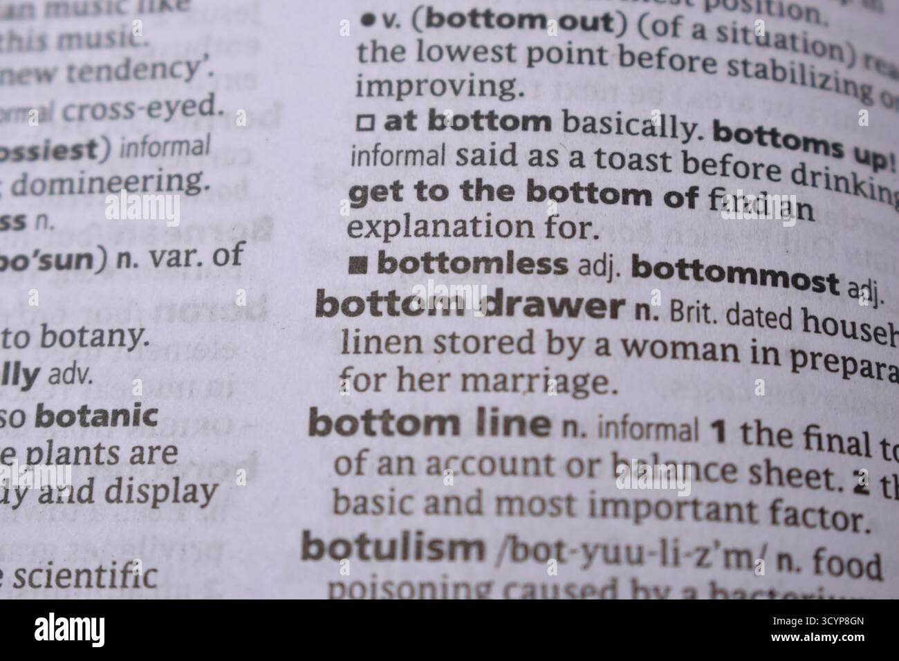 Primo piano della pagina del dizionario inglese con Word - cassetto inferiore Foto Stock