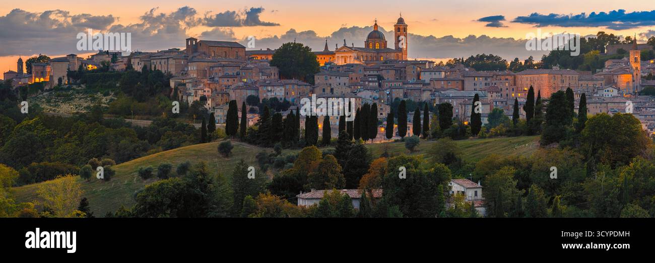 Una vista panoramica ultra-ampia (XPan) di Urbino, Marche, Italia, catturata dopo il tramonto. Lo skyline rinascimentale brilla di calde luci serali e stretchin Foto Stock