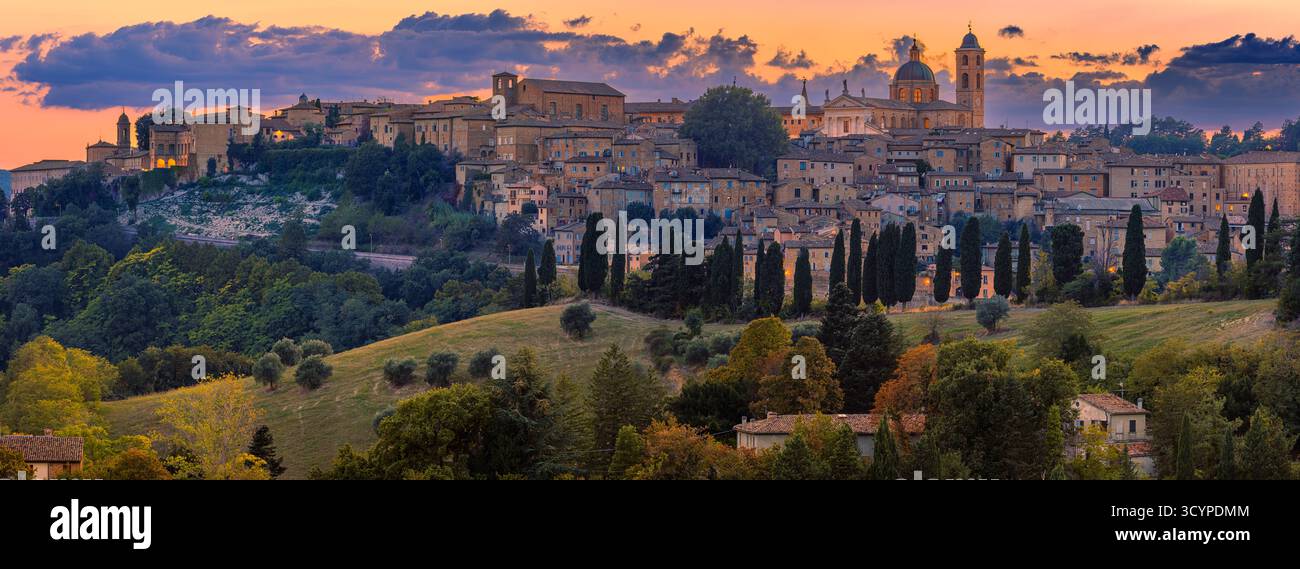 Una vista panoramica ultra-ampia (XPan) di Urbino, Marche, Italia, catturata dopo il tramonto. Lo skyline rinascimentale brilla di calde luci serali e stretchin Foto Stock