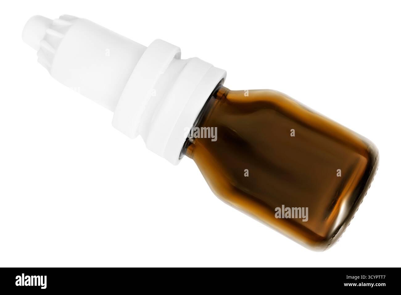 Flacone con bianco in vetro per gocce nasali isolato su sfondo bianco Foto Stock