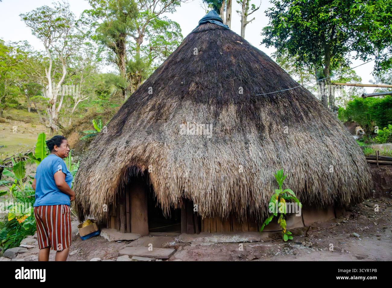 Una donna del posto in piedi di fronte alla sua tradizionale casa rotonda con tetto in paglia in erba sull'isola di Timor, Indonesia. Foto Stock