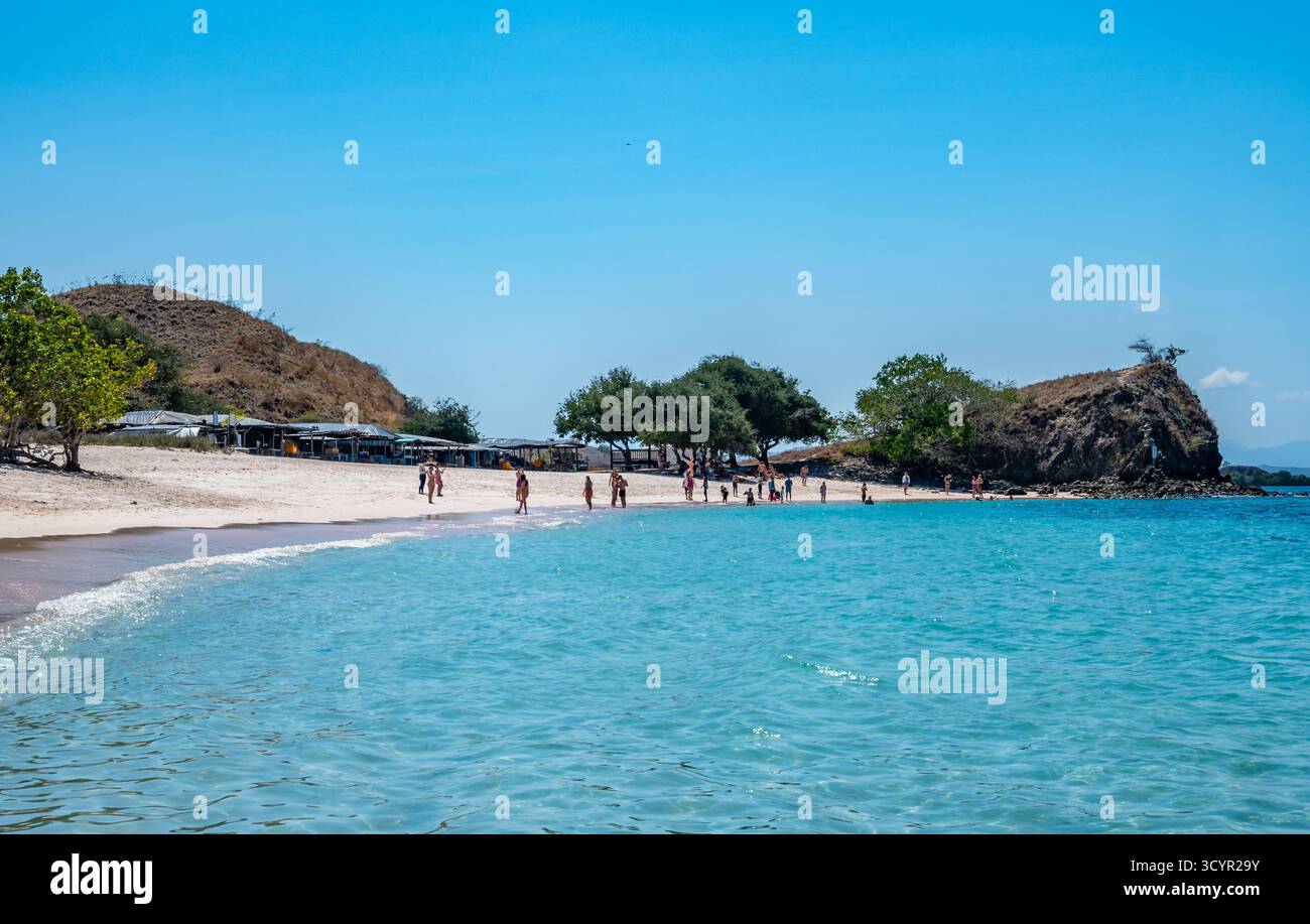 La famosa spiaggia di sabbia rosa (Pantai Merah) sull'isola di Komodo NON è così impressionante. Indonesia. Foto Stock
