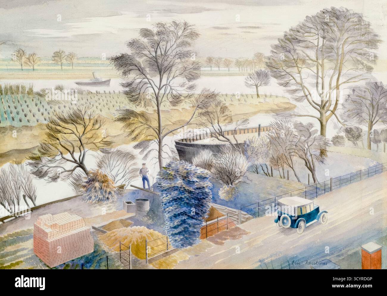 Eric Ravilious, il Tamigi a Hammersmith (fiume Tamigi, Chiswick Eyot), pittura di paesaggio ad acquerello su matita, 1933 Foto Stock