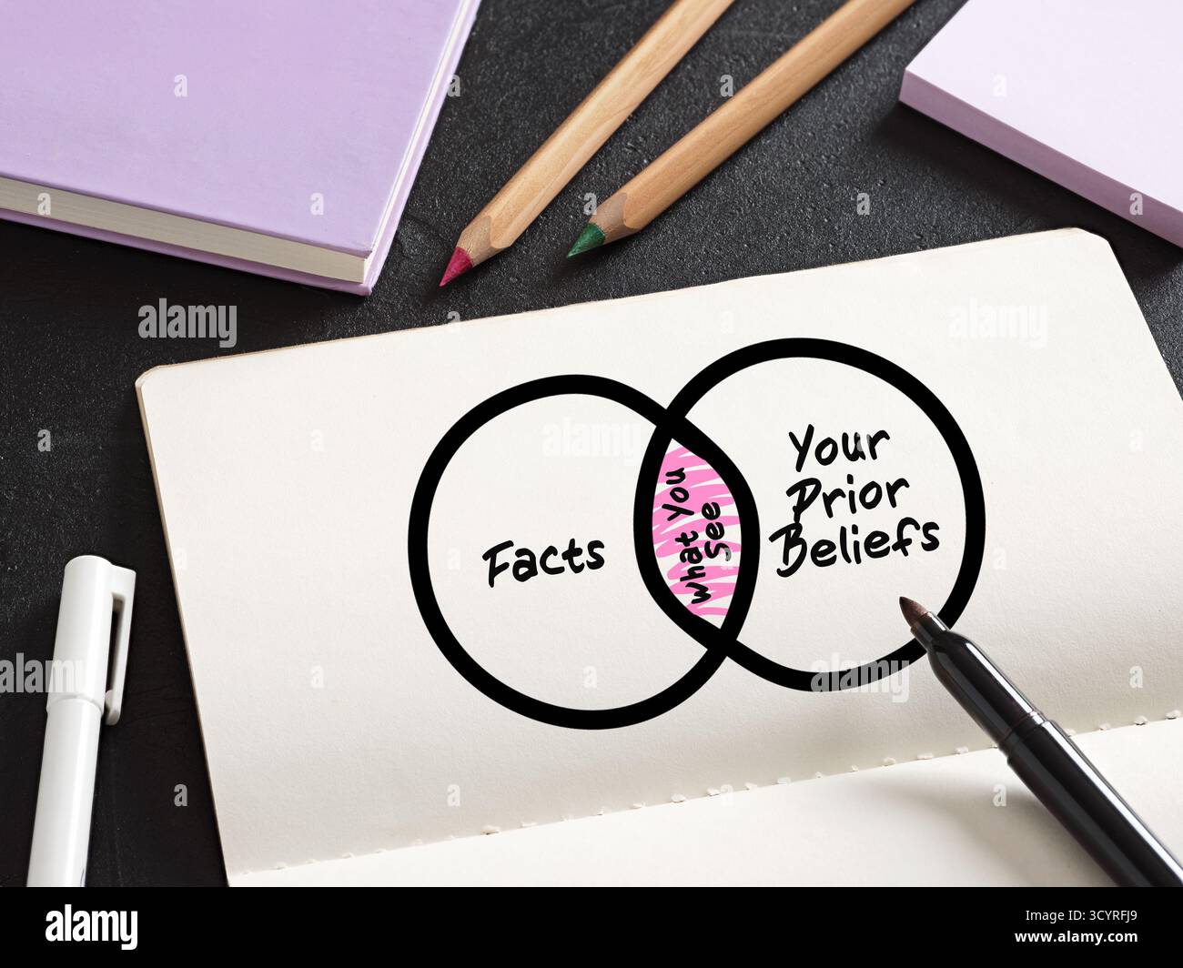 Diagramma di Venn confrontando fatti e credenze precedenti, mostrando come ciò che vediamo sia influenzato dai nostri preconcetti, scritto su blocco note Foto Stock
