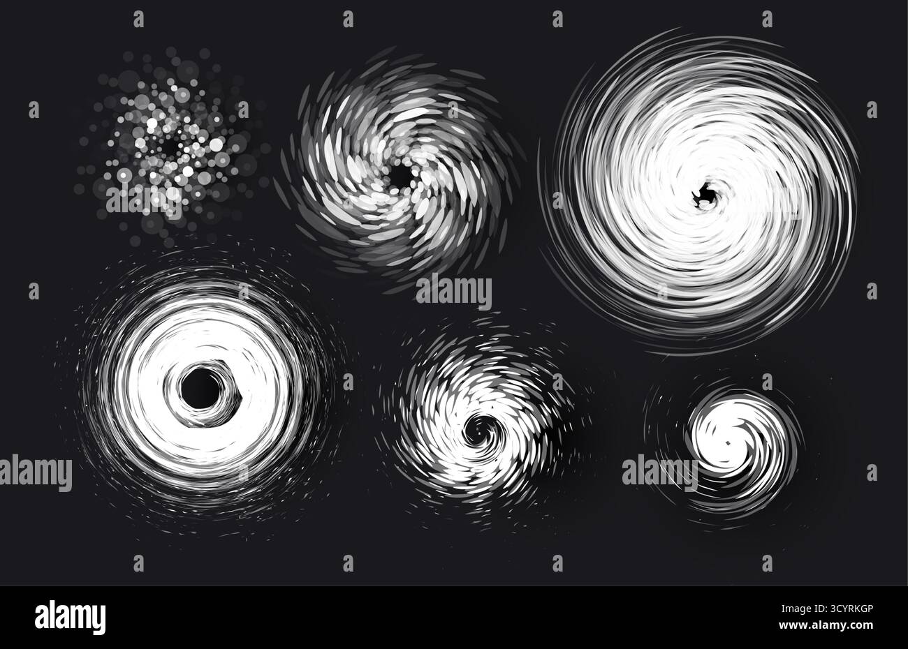 Realistici vortici a imbuto di uragano tornado, ciclone vorticoso per infografica meteorologica, notizie meteo. Riscaldamento globale. Nebulosa galassica in scala di grigi Illustrazione Vettoriale