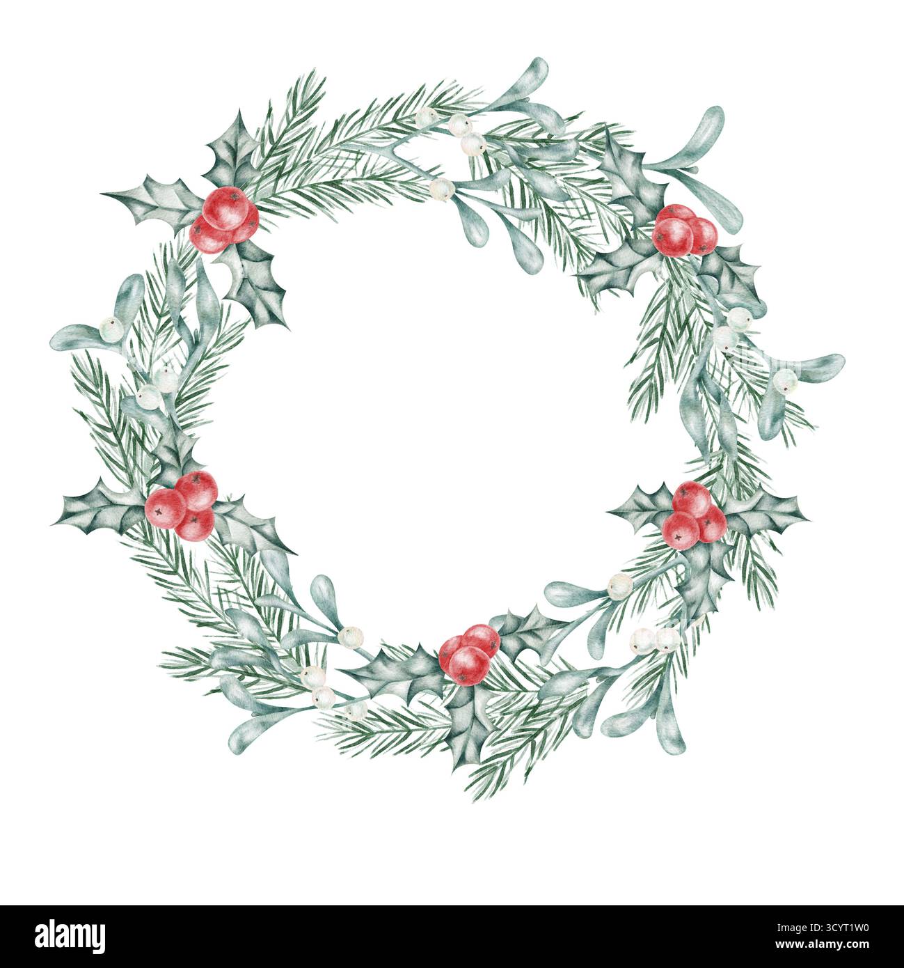 Ghirlanda con bacche di agrifoglio e rami sempreverdi, illustrazione ad acquerello disegnata a mano per decorazioni natalizie tradizionali, carte stampabili, design tessile e confezione Foto Stock