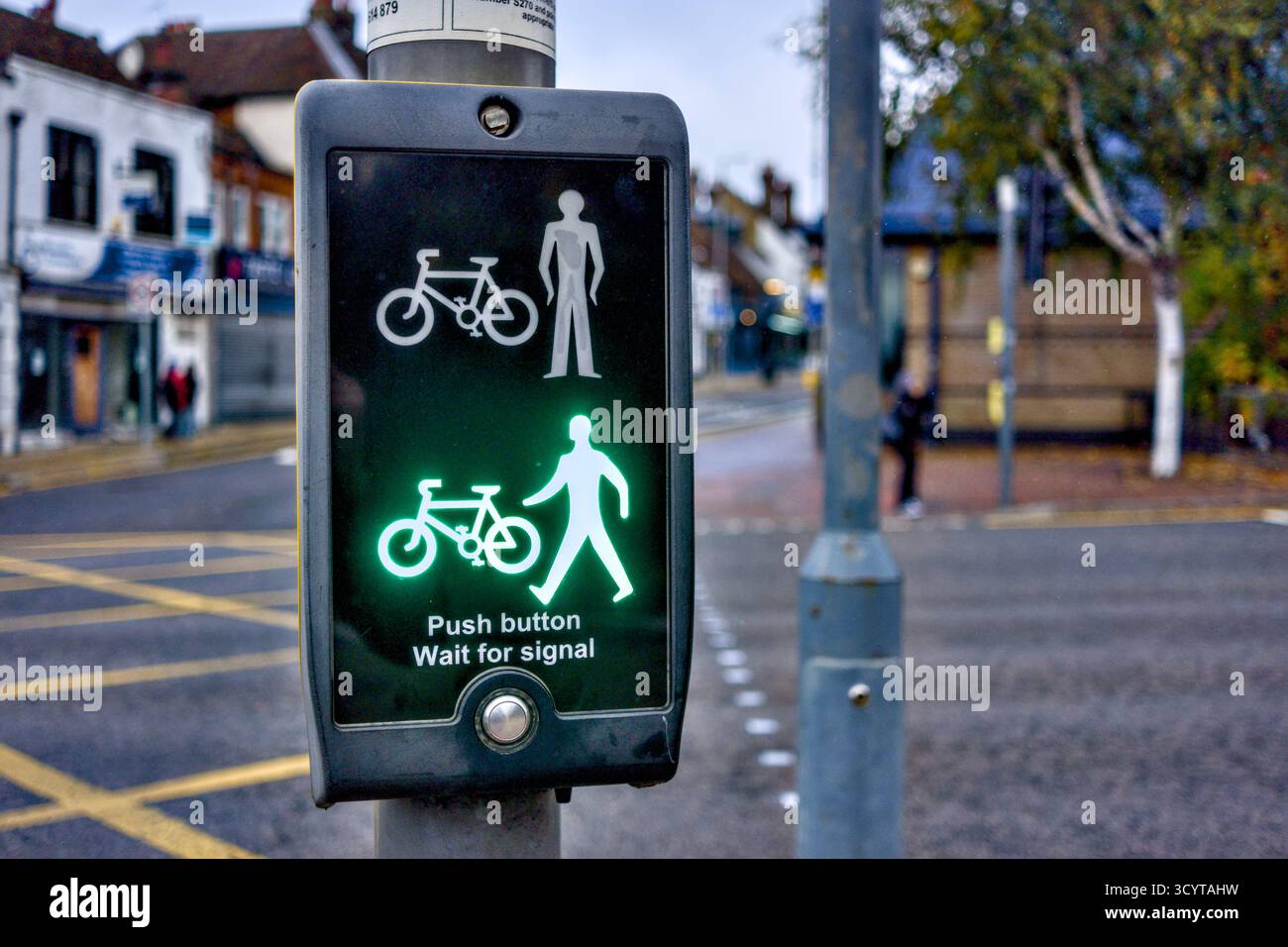 Green Man & Bicycle Show at Pedestrian Crossing, Watford, Hertfordshire, Inghilterra, Regno Unito Foto Stock