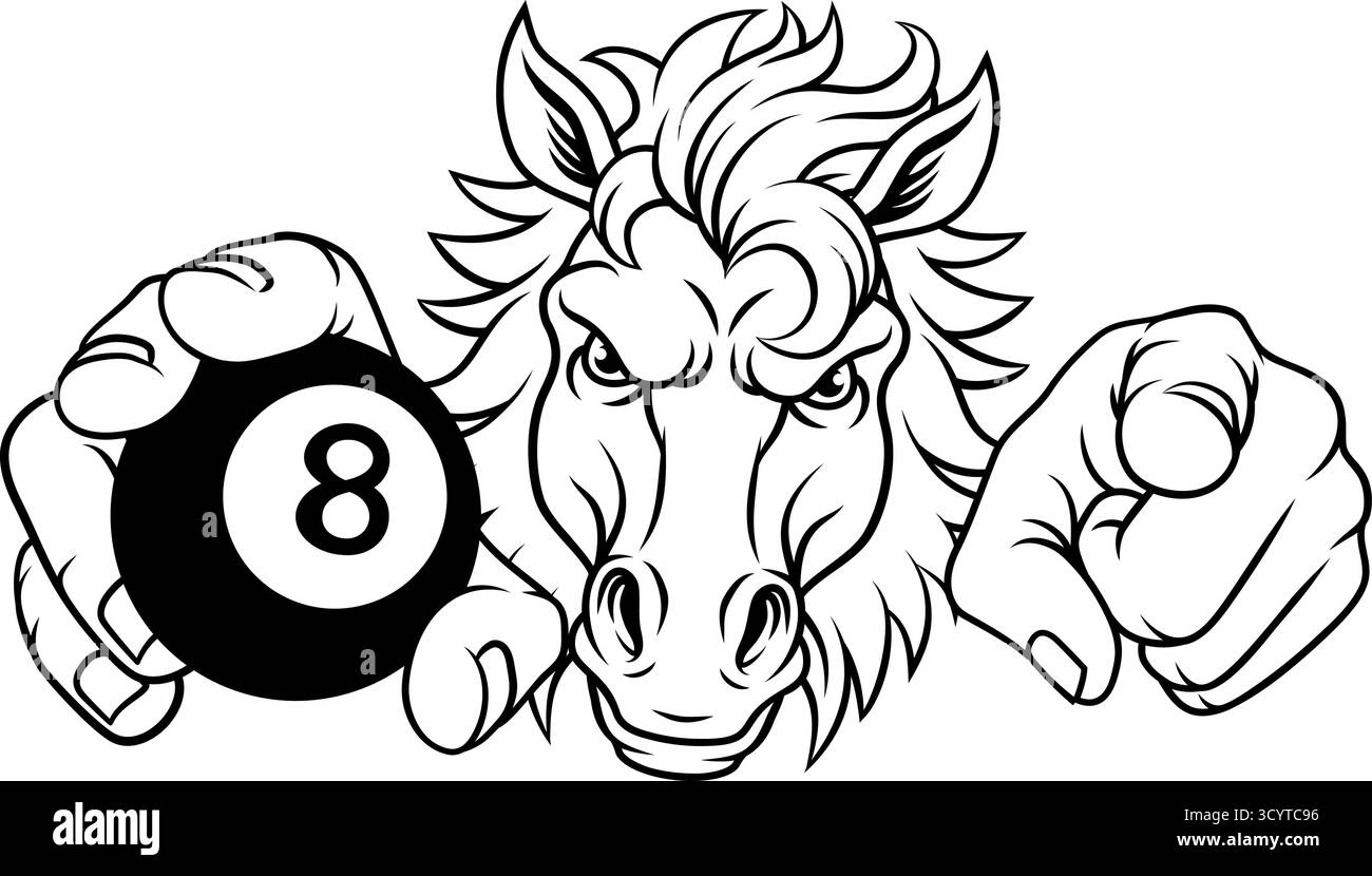 Horse Mustang Stallion Pool biliardo Mascotte sportiva Illustrazione Vettoriale