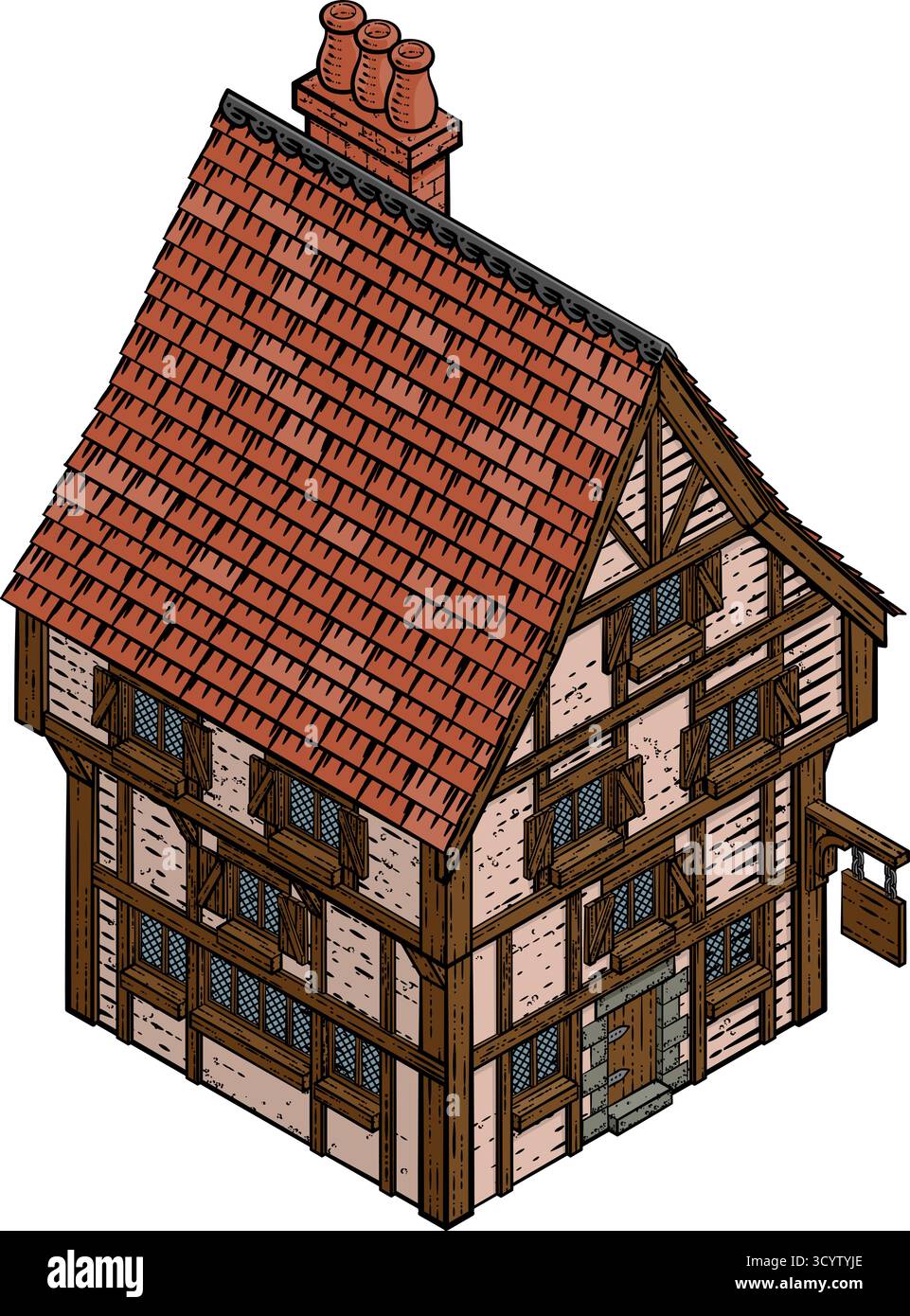 Illustrazione isometrica Medieval Timber House Illustrazione Vettoriale
