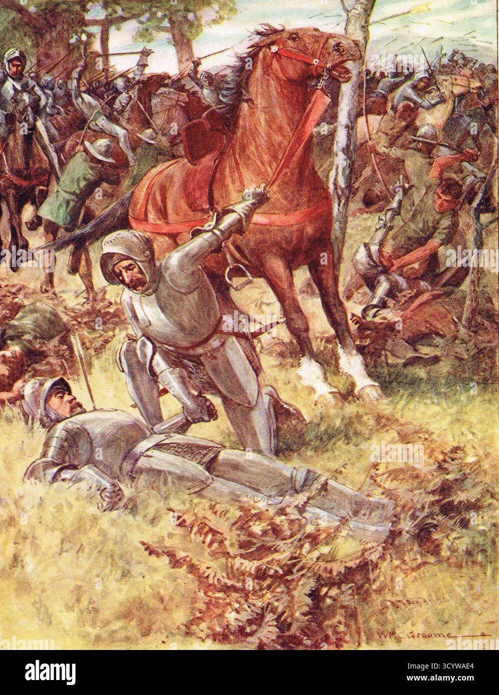 Illustrazione che mostra Henry Percy che prese la mano del morente conte di Douglas nella battaglia di Otterburn. Illustrazione per la ballata per bambini The Battle of Chevy Chase Foto Stock