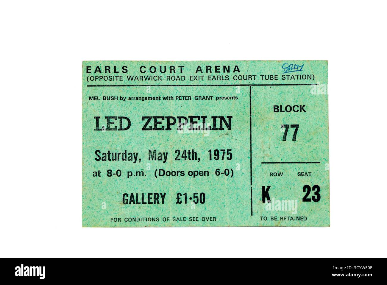 Biglietto per il concerto dei LED Zeppelin da 1975 concerti all'Earls Court Arena, Londra. Foto Stock
