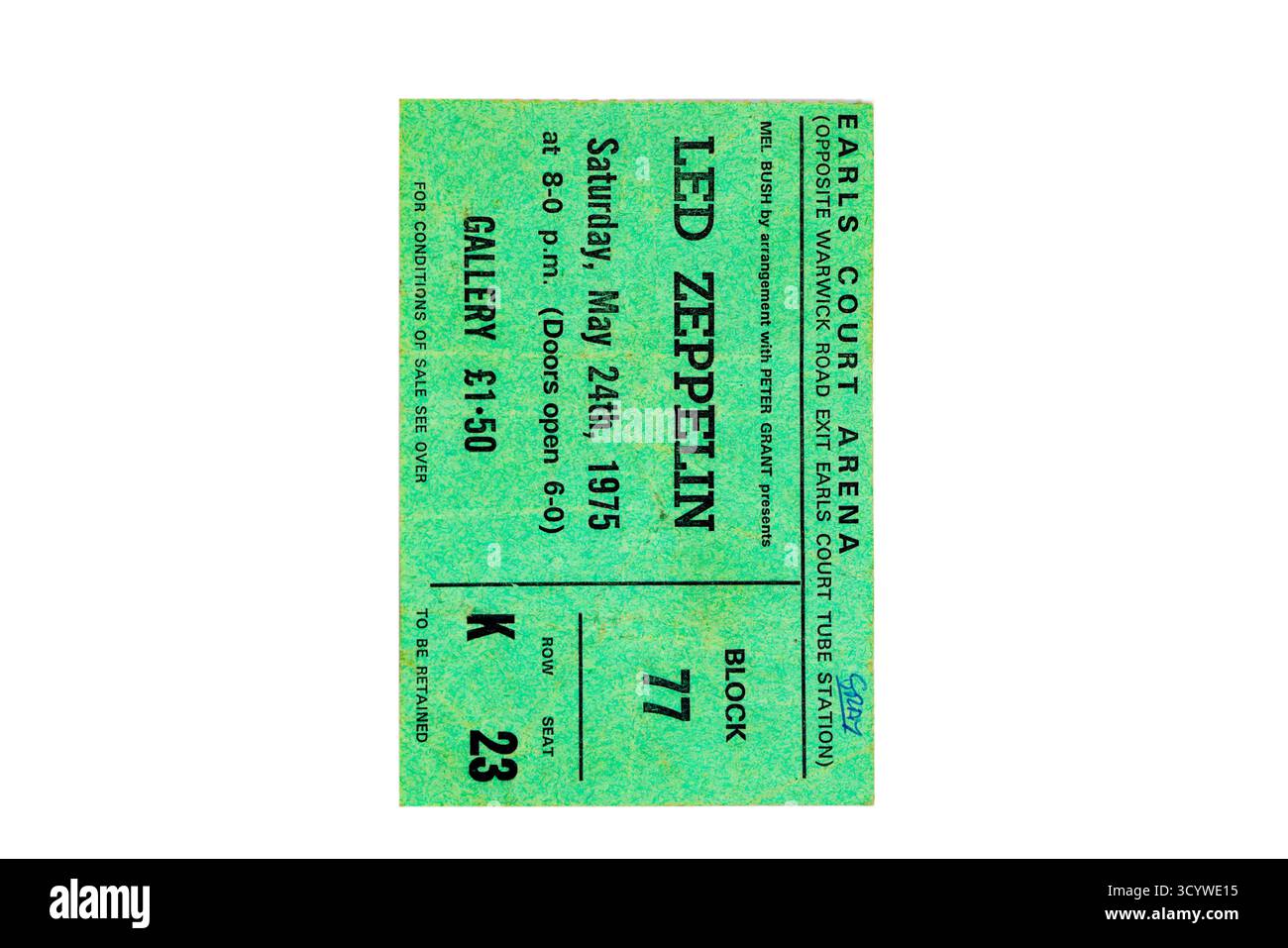 Biglietto per il concerto dei LED Zeppelin da 1975 concerti all'Earls Court Arena, Londra. Foto Stock