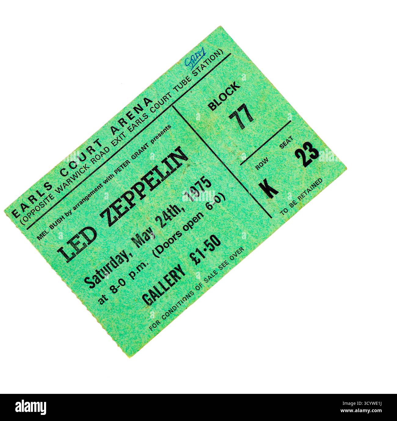 Biglietto per il concerto dei LED Zeppelin da 1975 concerti all'Earls Court Arena, Londra. Foto Stock