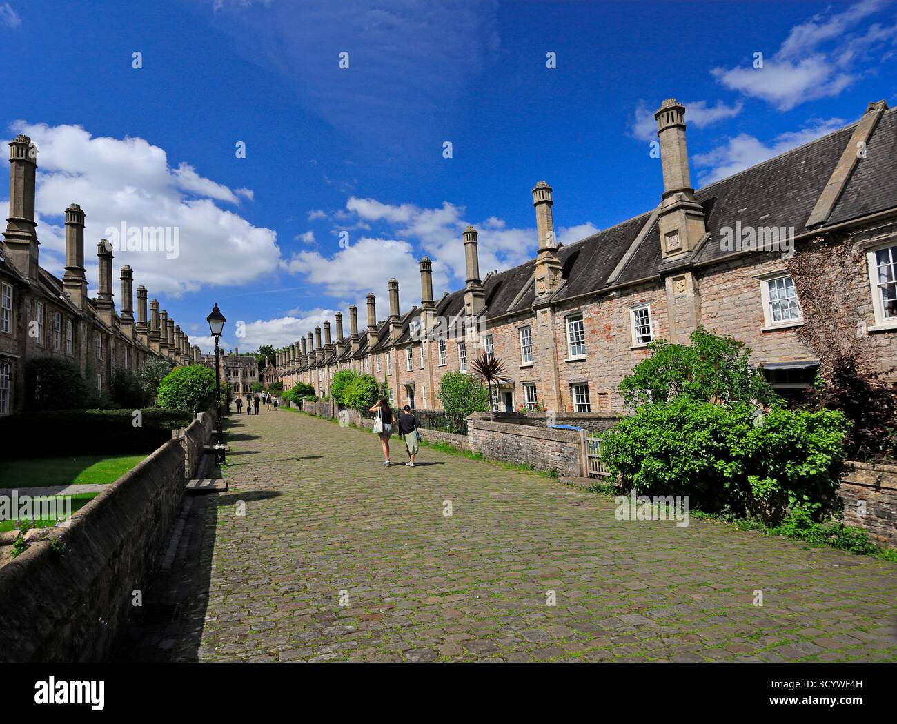 The Vicars Close, strada medievale del XIV secolo che fornisce alloggi comuni per i Vicars Choral, Wells, Somerset. Foto Stock