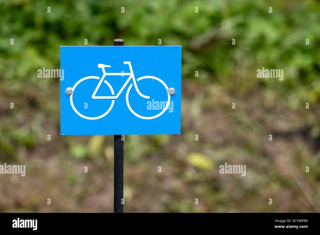 Pista ciclabile. Cartellone quadrato blu luminoso con un'icona bianca montata su un palo nero in uno sfondo verde naturale. Ideale per i temi del ciclismo, bik Foto Stock