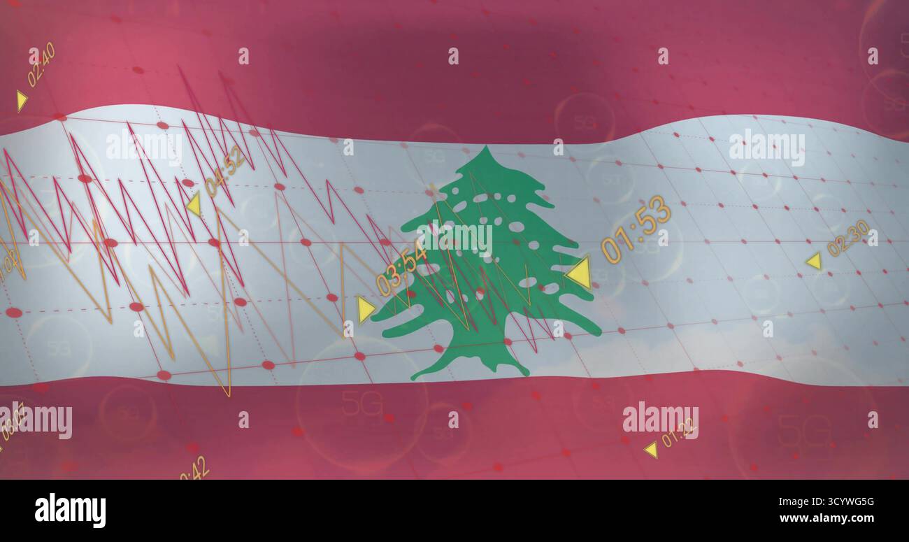 Cedro verde che sventola nella bandiera libanese digitale mostrando grafici di dati etichette numeriche e icone 5G. Foto Stock