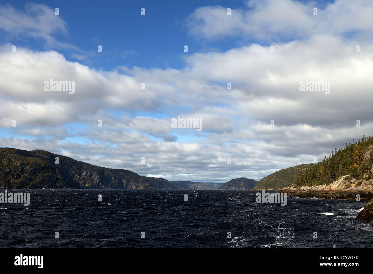 Vista sul fiume Saguenay da Tadoussac, Quebec, mostrando aspre scogliere boscose sotto un cielo autunnale parzialmente nuvoloso. Foto Stock