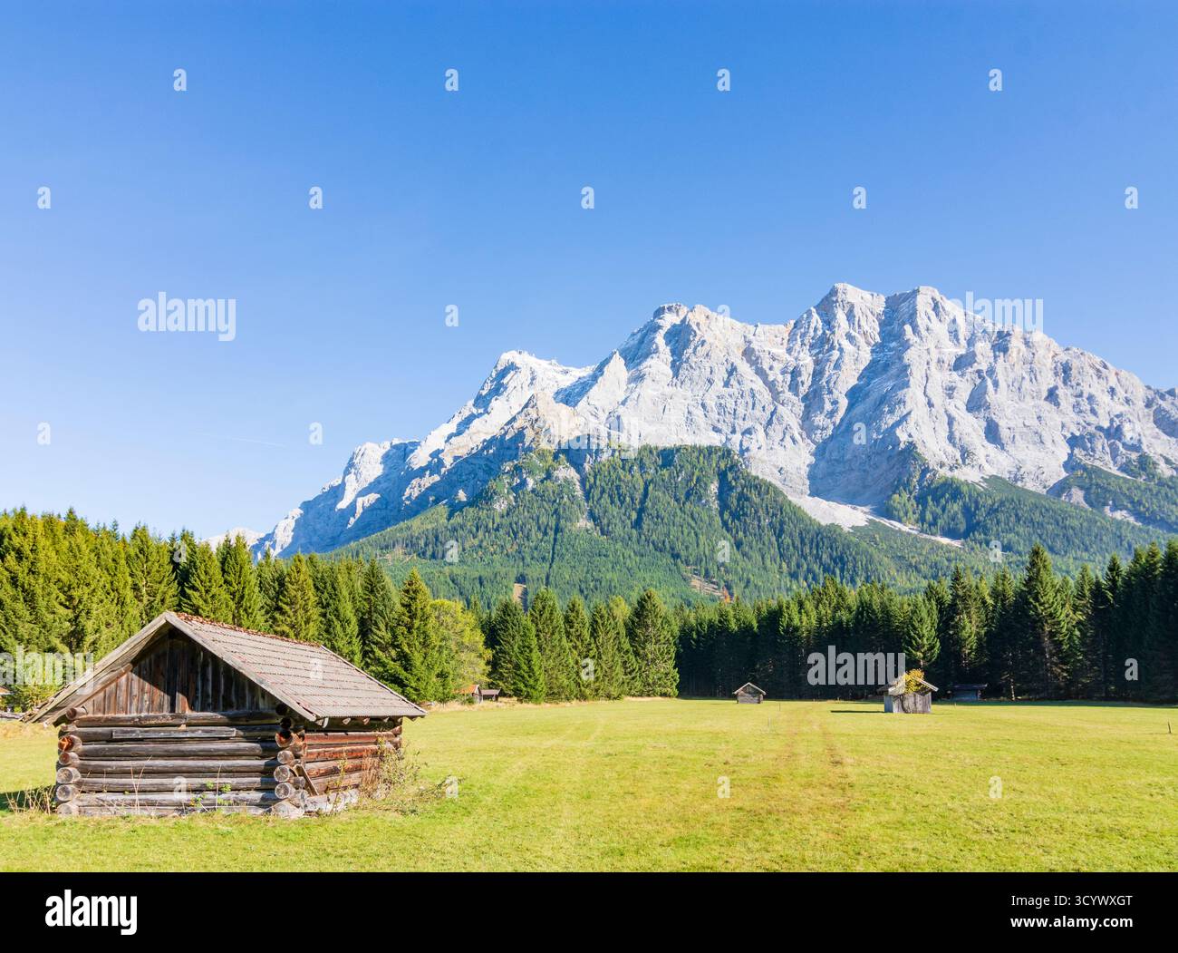 Ehrwald: Monte Zugspitze, prato, fienili in Tiroler Zugspitz Arena, Tirolo, Austria Foto Stock