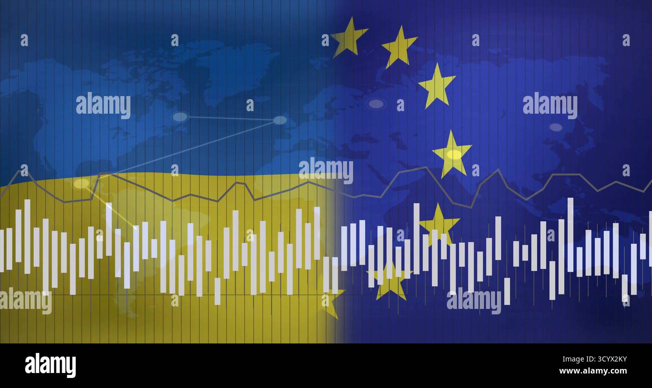 Visualizzazione del grafico a barre e del grafico a linee che si sovrappone al grafico della mappa mondiale suddiviso per bandiera Ucraina, stelle UE Foto Stock