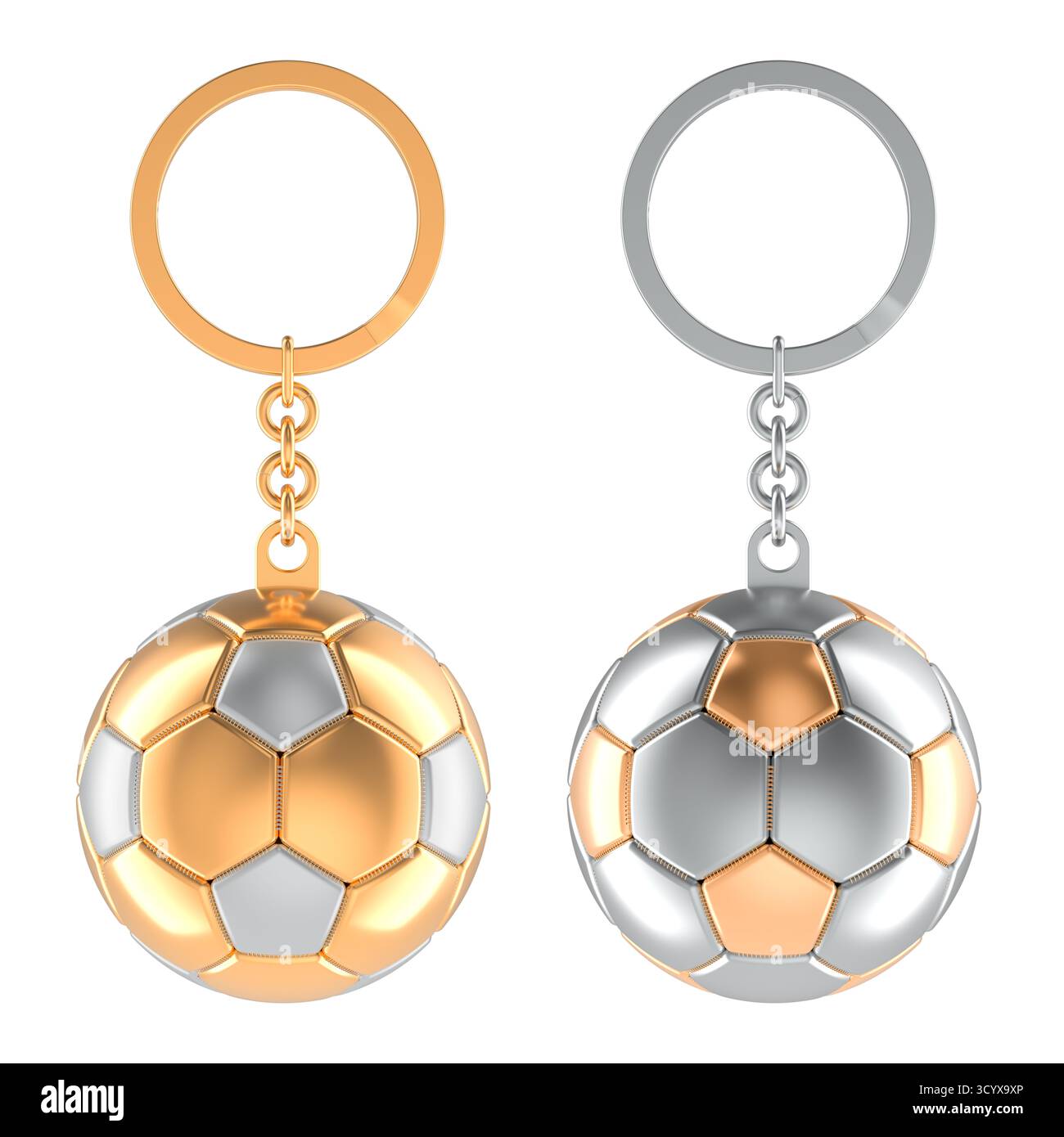 Portachiavi in oro con pallone da calcio isolato su sfondo bianco Foto stock