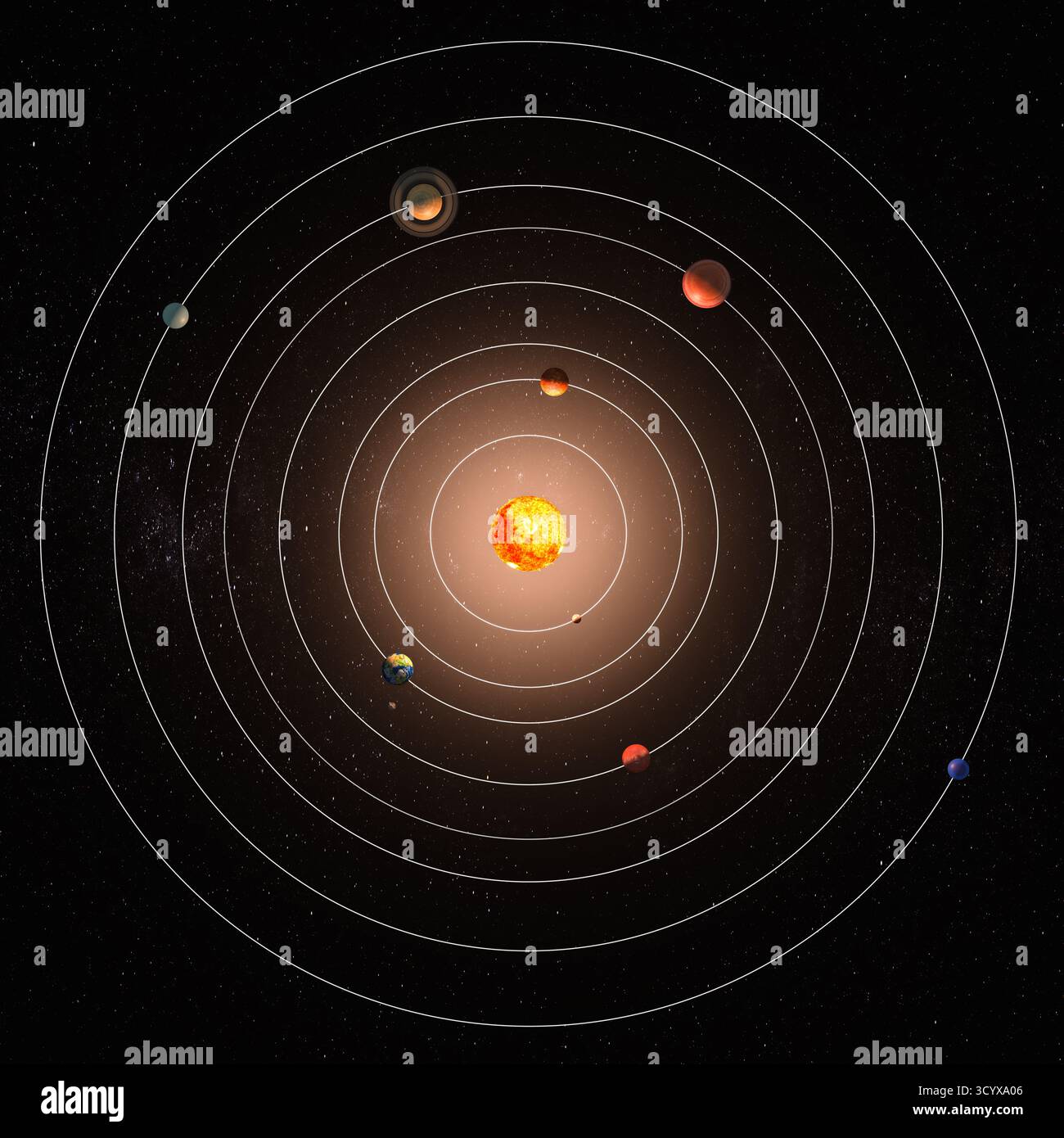 Sistema solare con orbite e pianeti, vista dall'alto. Rendering 3D isolato su sfondo bianco Foto Stock