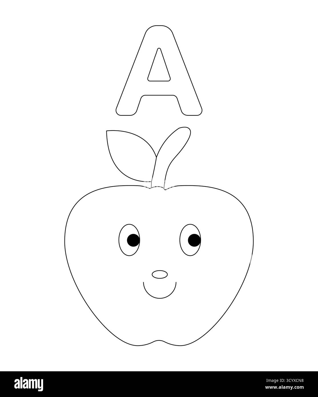 Divertente personaggio di mela con la lettera Un contorno per i bambini che colorano la pagina del libro e educativo Illustrazione Vettoriale