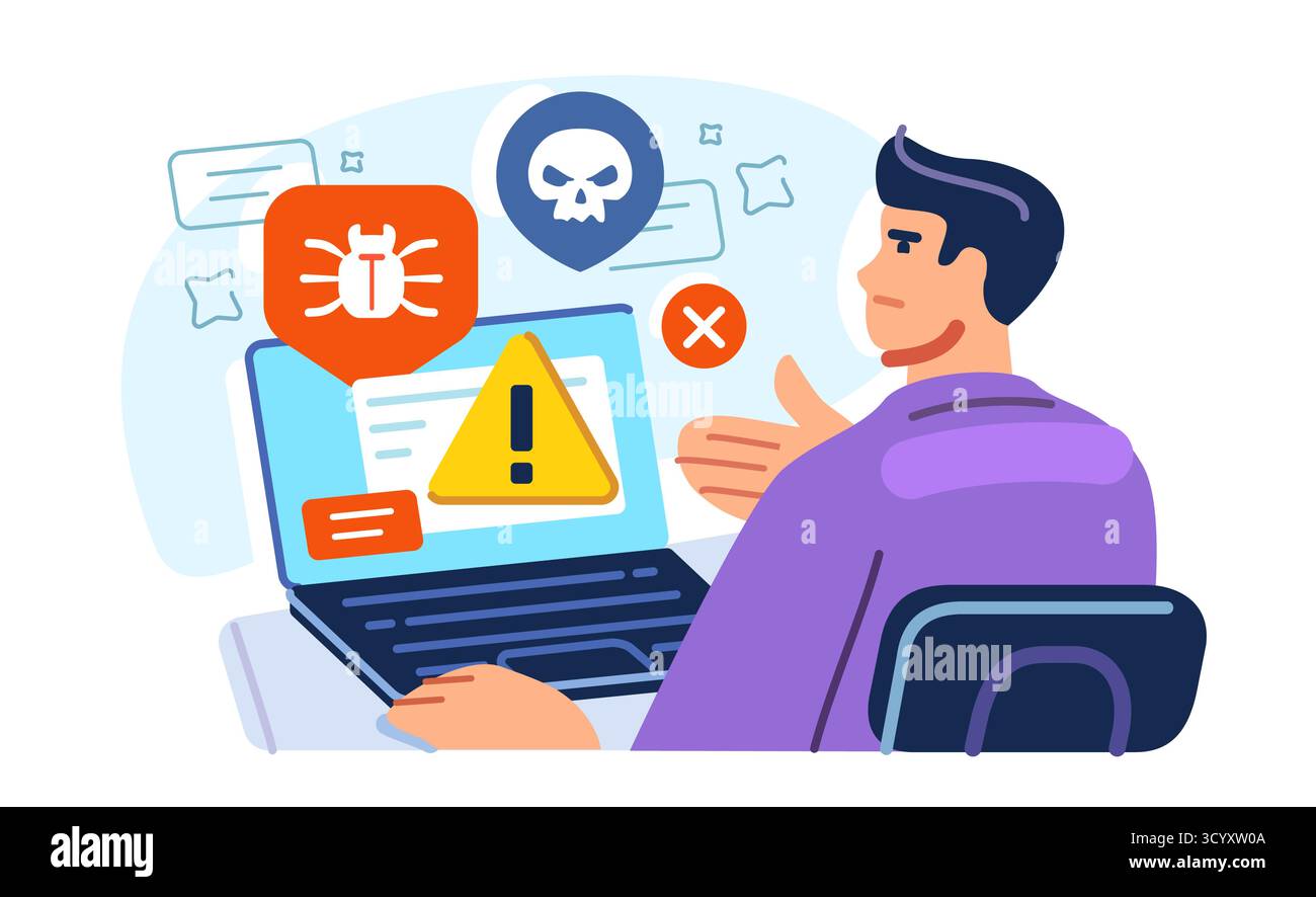 Virus del computer o errore software. Uomo preoccupato che guarda un notebook con un bug. Sicurezza informatica, concetto di sicurezza Internet Illustrazione Vettoriale