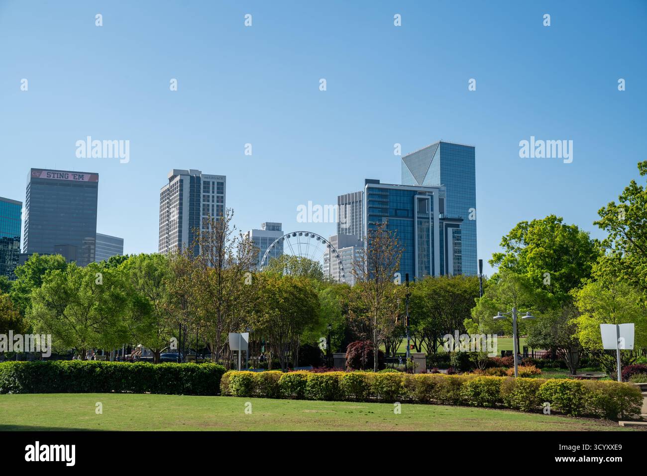 Lo skyline del centro cittadino di Atlanta sorge dietro lussureggianti alberi primaverili, con la ruota panoramica SkyView visibile tra moderni e alti edifici su un cielo limpido Foto Stock