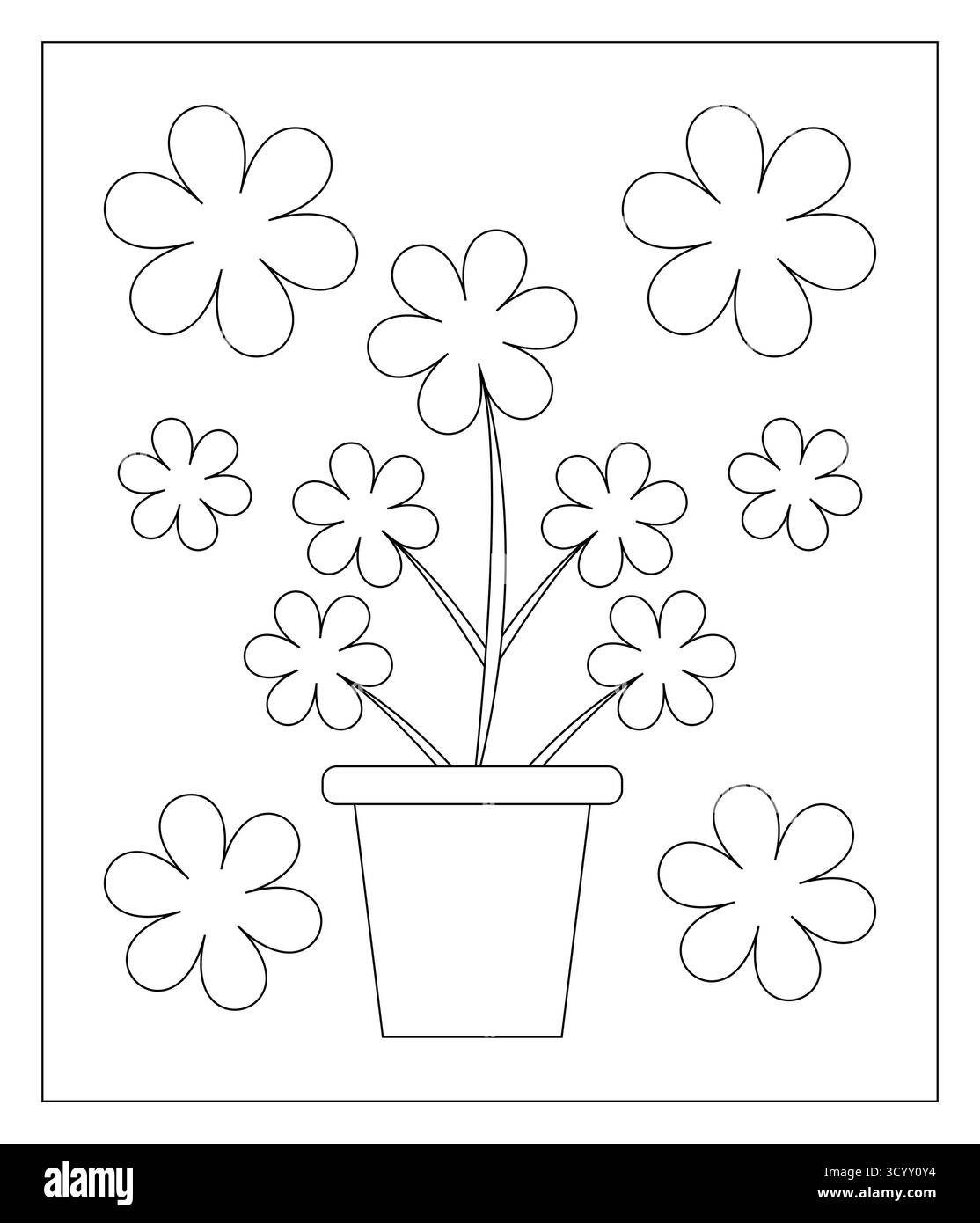 La disposizione dei fiori in un vaso presenta contorni semplici perfetti per una pagina da colorare o per un libro di attività per bambini che mostra elementi floreali e botanici Illustrazione Vettoriale