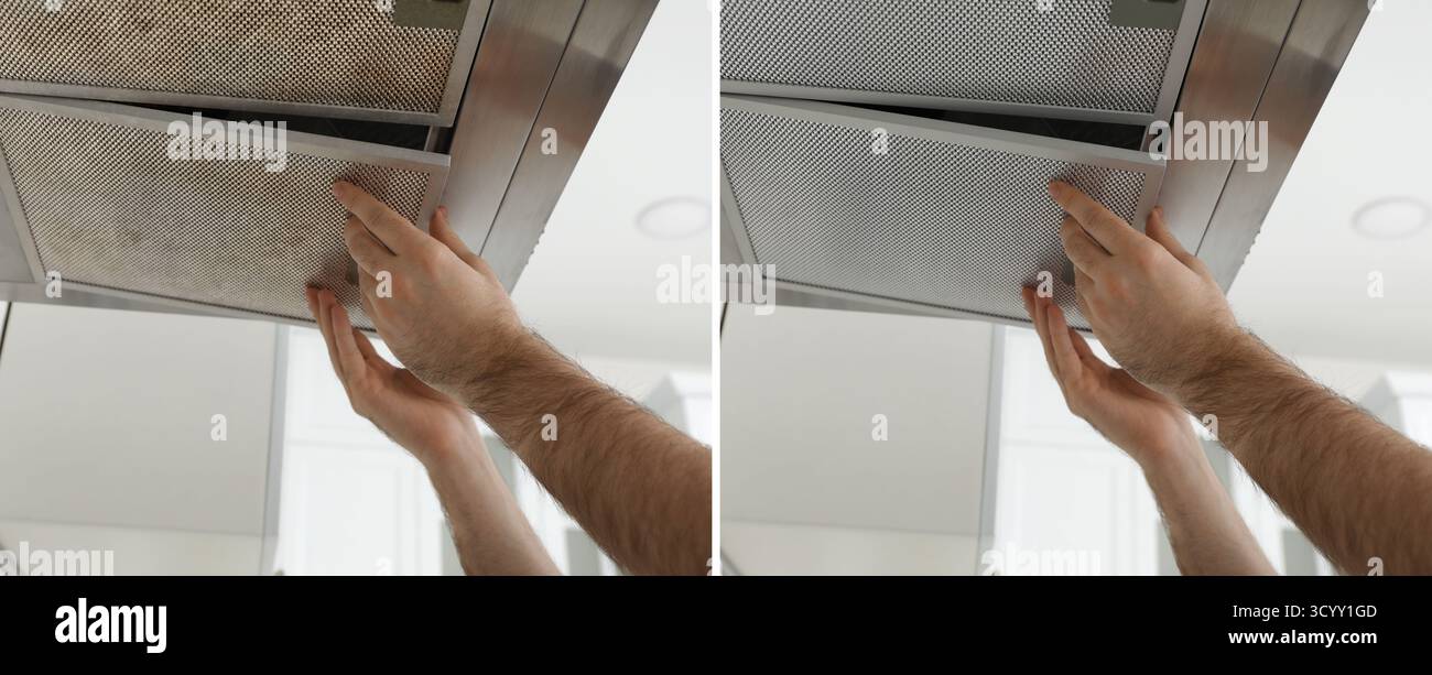 Uomo che rimuove e installa il filtro a rete della cappa da cucina, primo piano. Prima e dopo la pulizia, collage Foto Stock