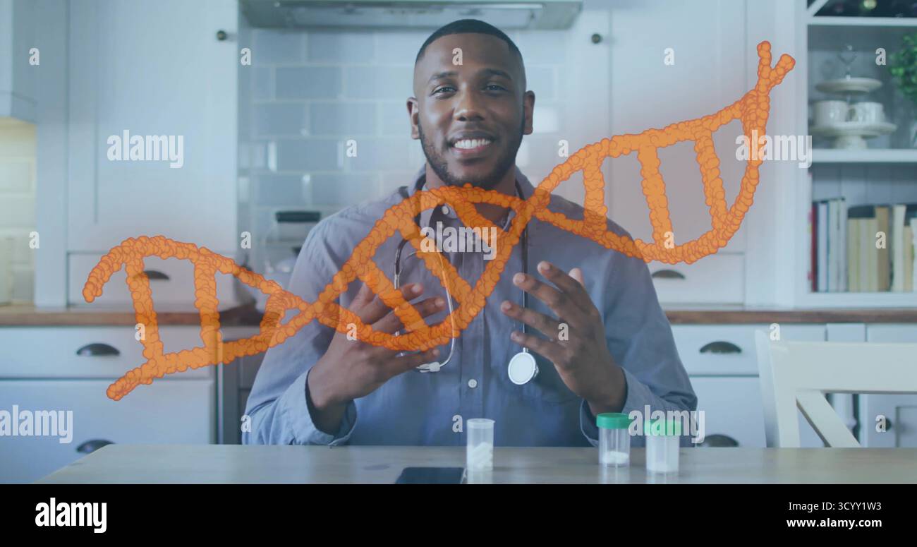 Seduto medico professionale gesti verso la macchina fotografica in cucina moderna, con elica di DNA galleggiante Foto Stock