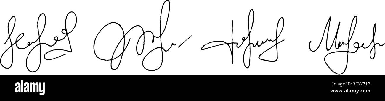 Firme disegnate a mano autografi manuali per documenti aziendali. Set di tracciati per schizzi di calligrafia vettoriale Illustrazione Vettoriale