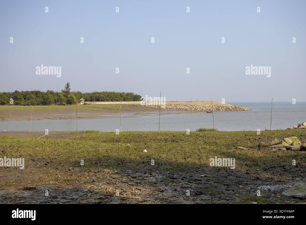 Splendidi paesaggi di Noakhali Musapur Sea Beach. Questo posto è anche conosciuto come Musapur Closer. Luogo turistico panoramico con cielo azzurro e baia del Bengala Foto Stock
