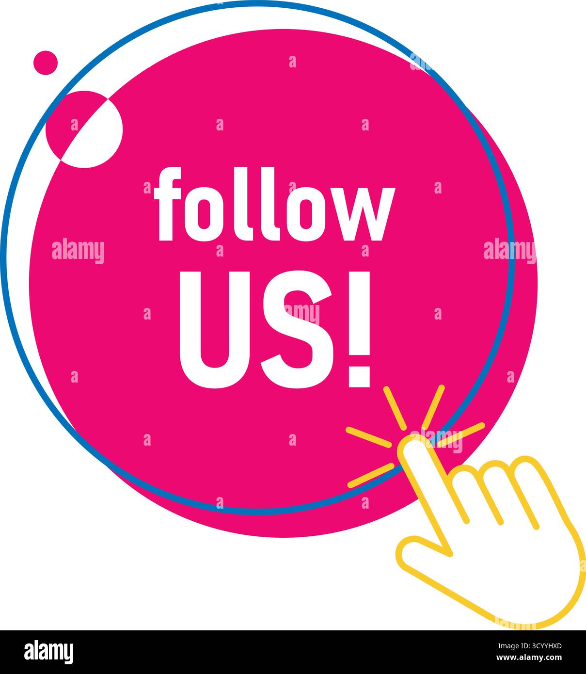 Pulsante rotondo con testo Seguici. Premere il pulsante con il dito. Invito all'azione in abbonamento ai social media, grafica vettoriale Illustrazione Vettoriale