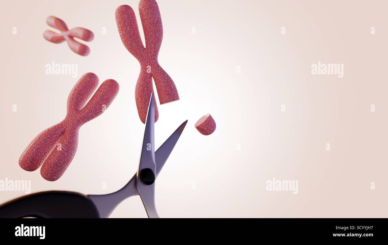 Un'illustrazione 3d di forbici e cromosomi tagliati su uno sfondo luminoso Foto Stock