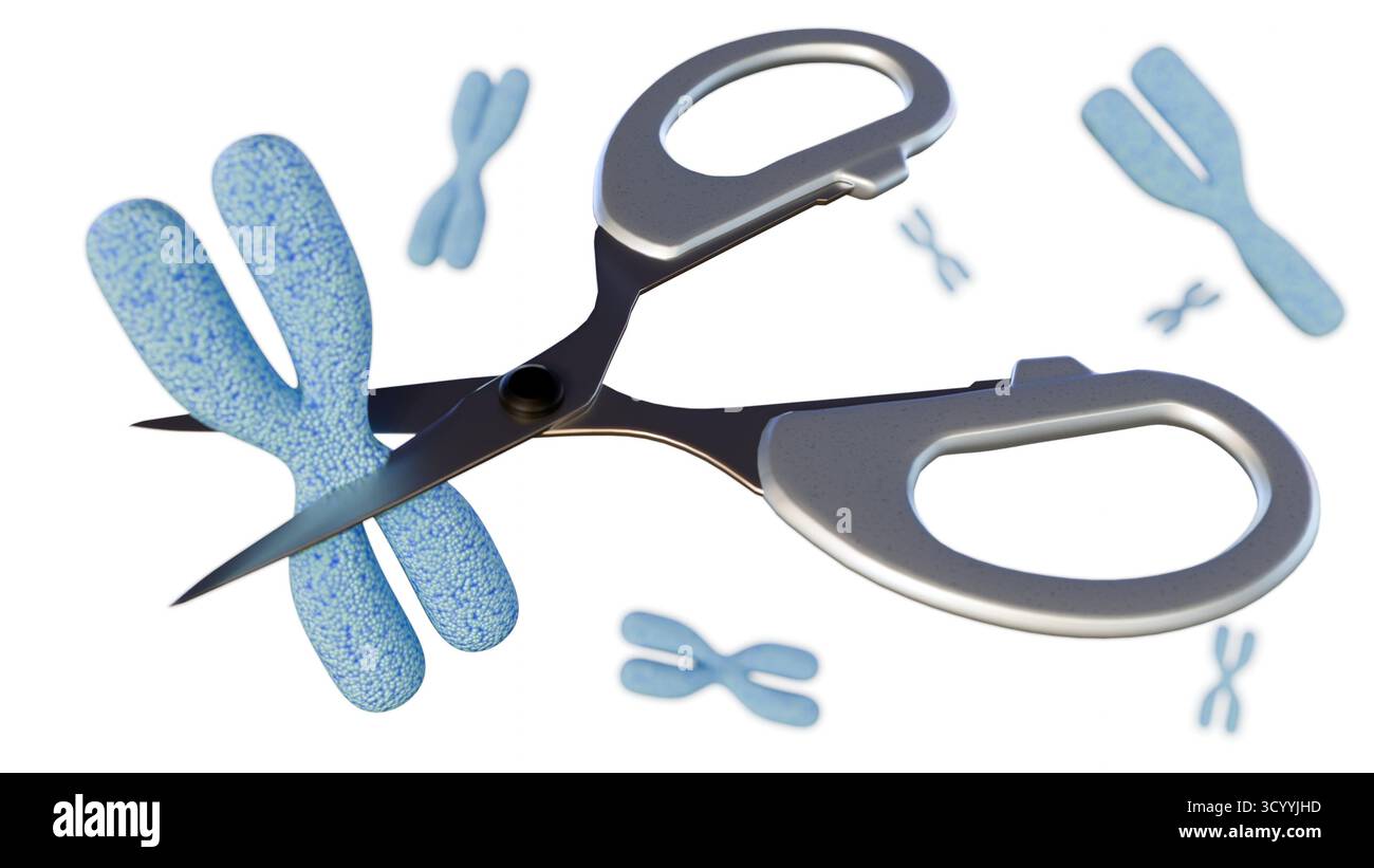 Un'illustrazione 3d dell'editing genico, che mostra un cromosoma "tagliente" a forbice Foto Stock