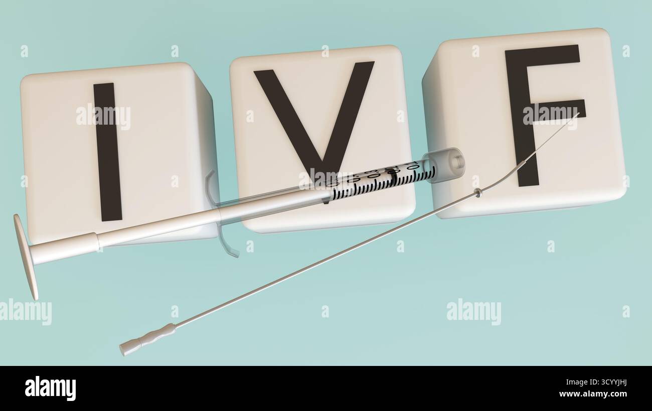 Un'illustrazione 3d con lettere a blocchi che indicano "IVF" con una siringa sottile, trasmette il concetto medico. Foto Stock