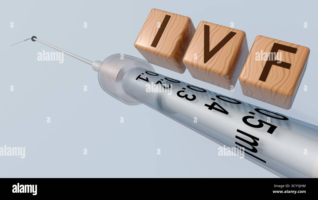 Un'illustrazione 3d con lettere a blocchi che indicano "IVF" con una siringa sottile, trasmette il concetto medico. Foto Stock