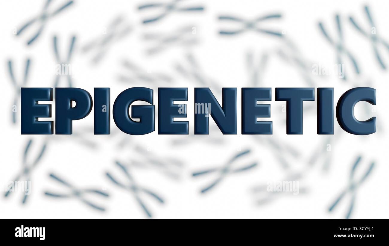 Illustrazione 3d di una parola "EPIGENETICA" con modelli di cromosomi intorno Foto Stock