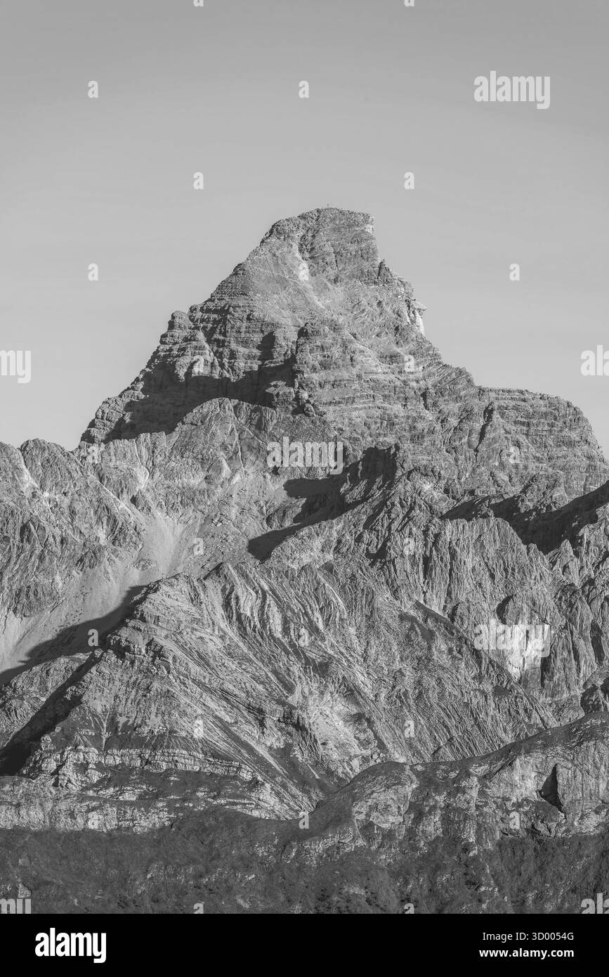 Panorama montano dal Koblat-Hoehenweg sul Nebelhorn attraverso l'Obertal con prati verdi lussureggianti al gruppo Hochvogel e Rosszahn con la H. Foto Stock
