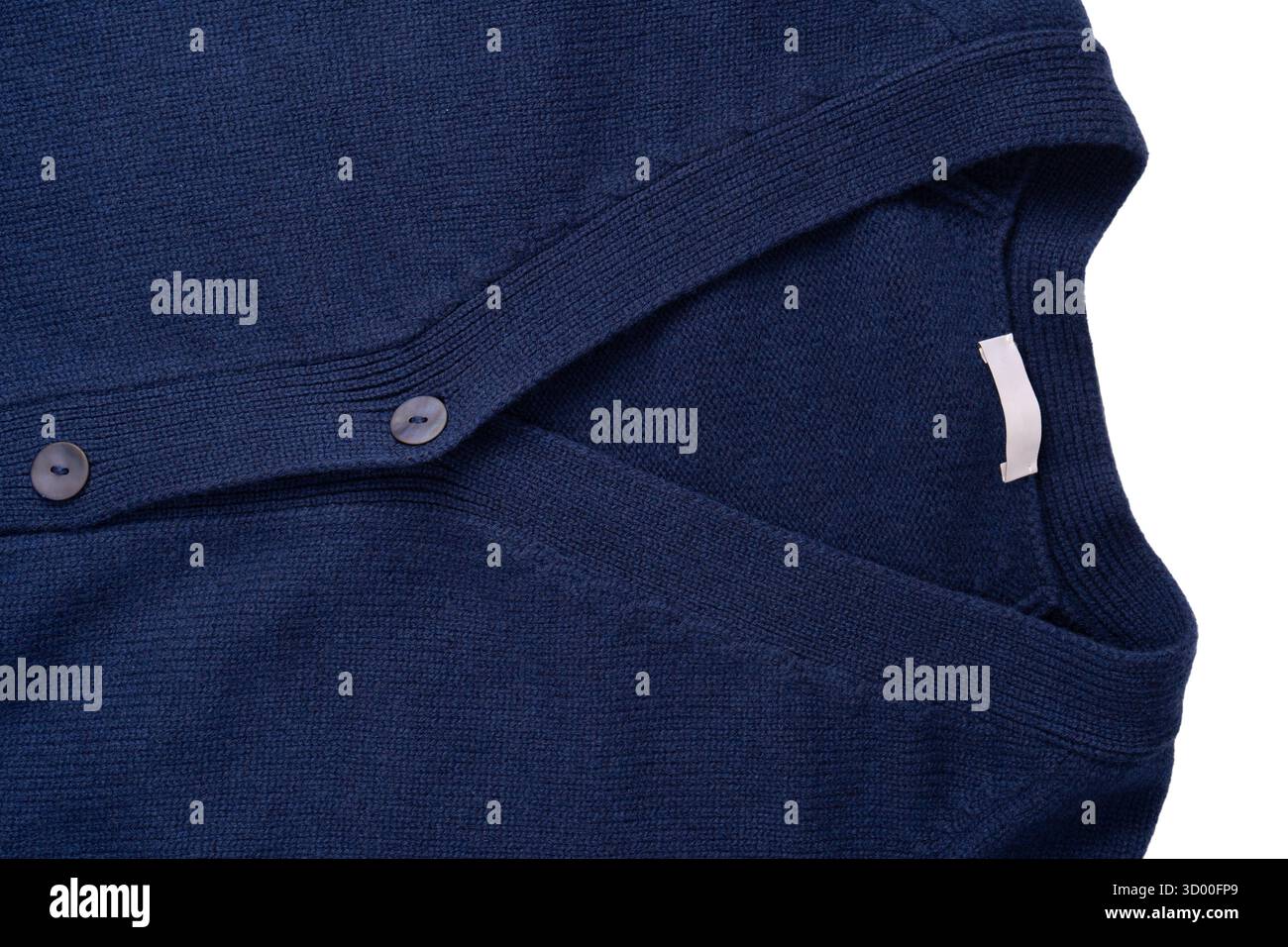 Cardigan in lana merino blu navy come sfondo. Vista dall'alto. Foto Stock